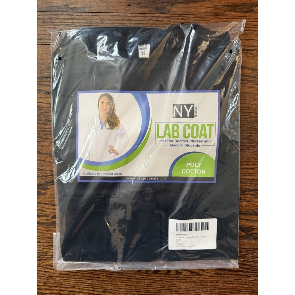 Women's NY Threads Black Lab Coat Poly Cotton Size XS Medical Students, Nurses
